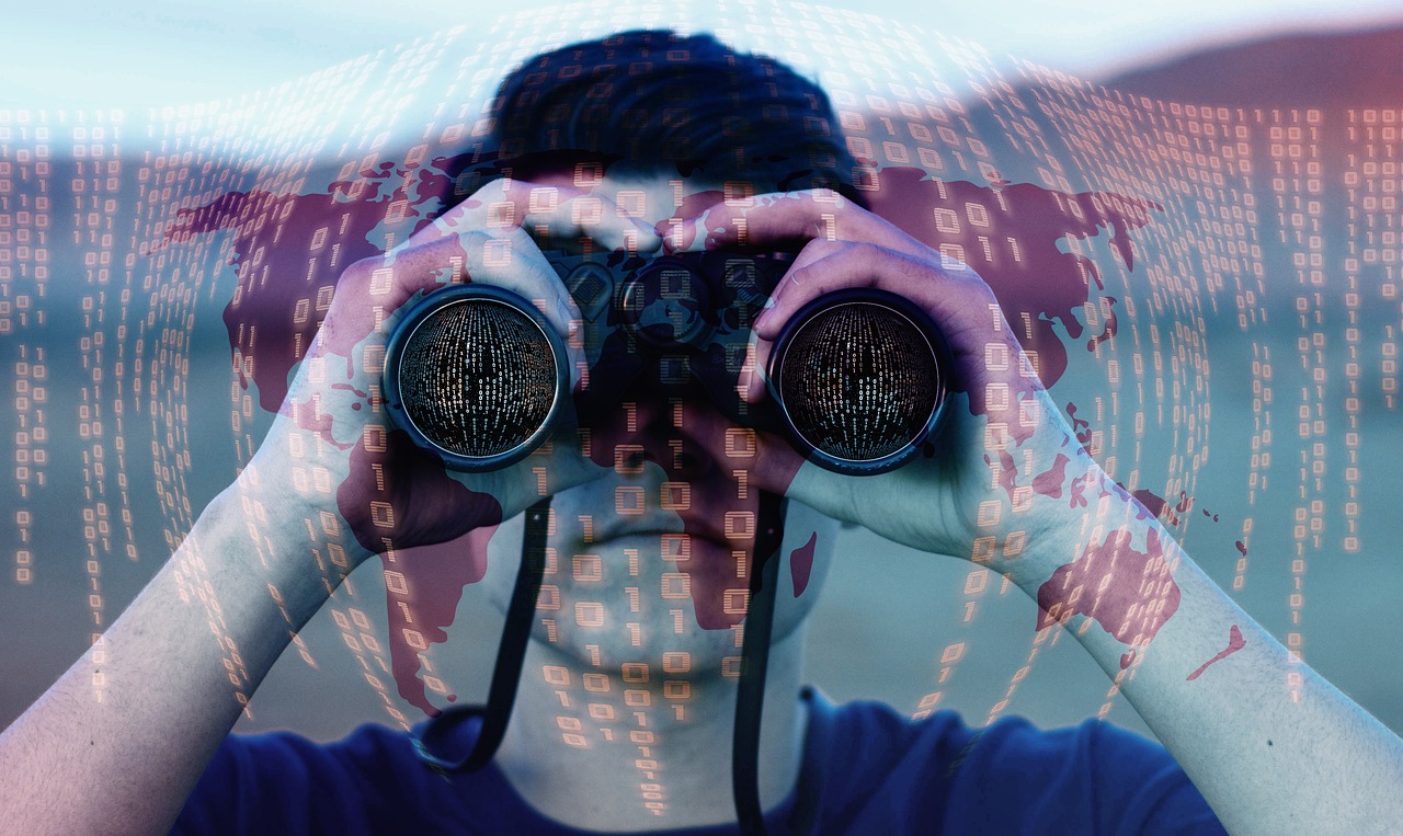 A man on the look out with binoculars, a binary code layered on top of the man's image