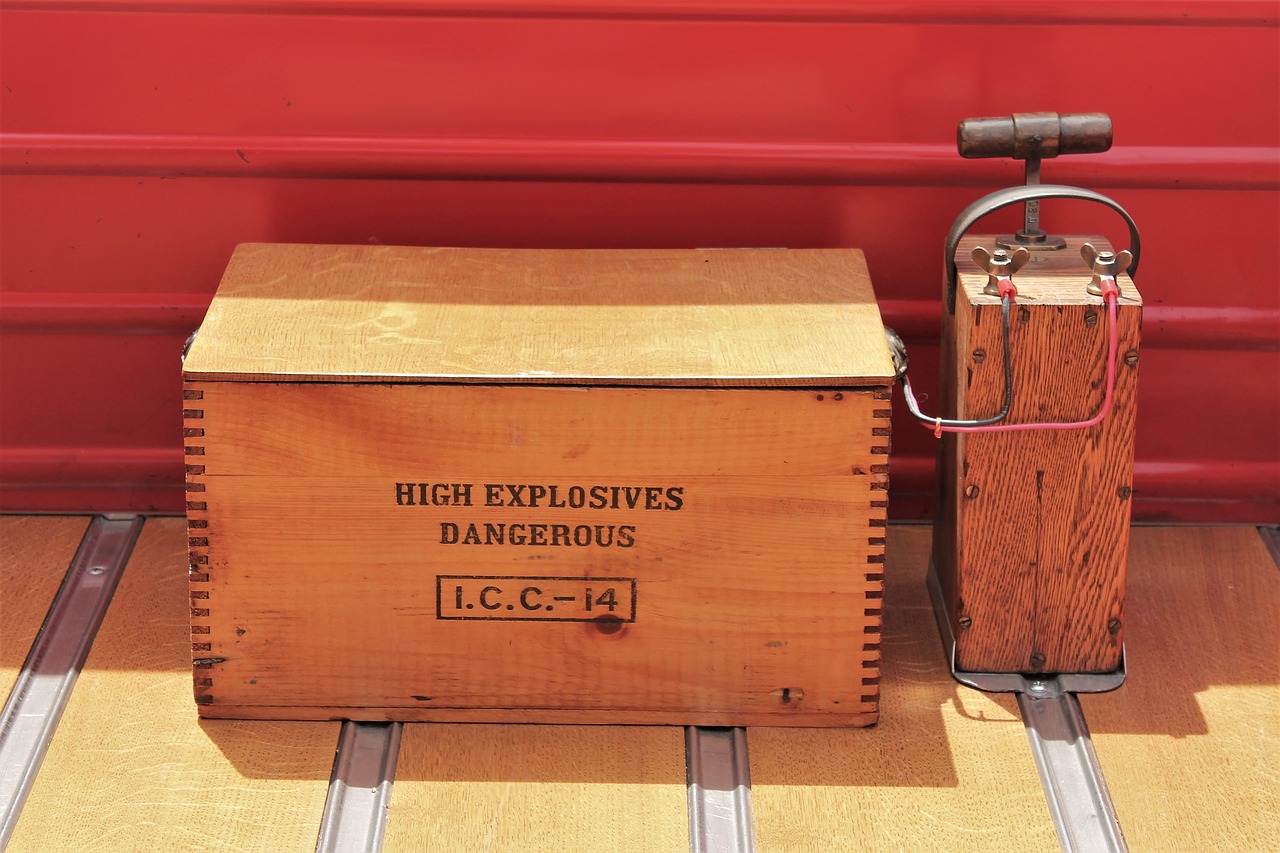 A wooden box containing explosives with a trigger
