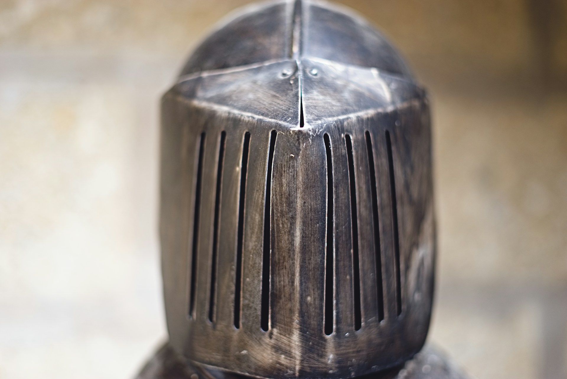 Full face visor of a metal head armor.
